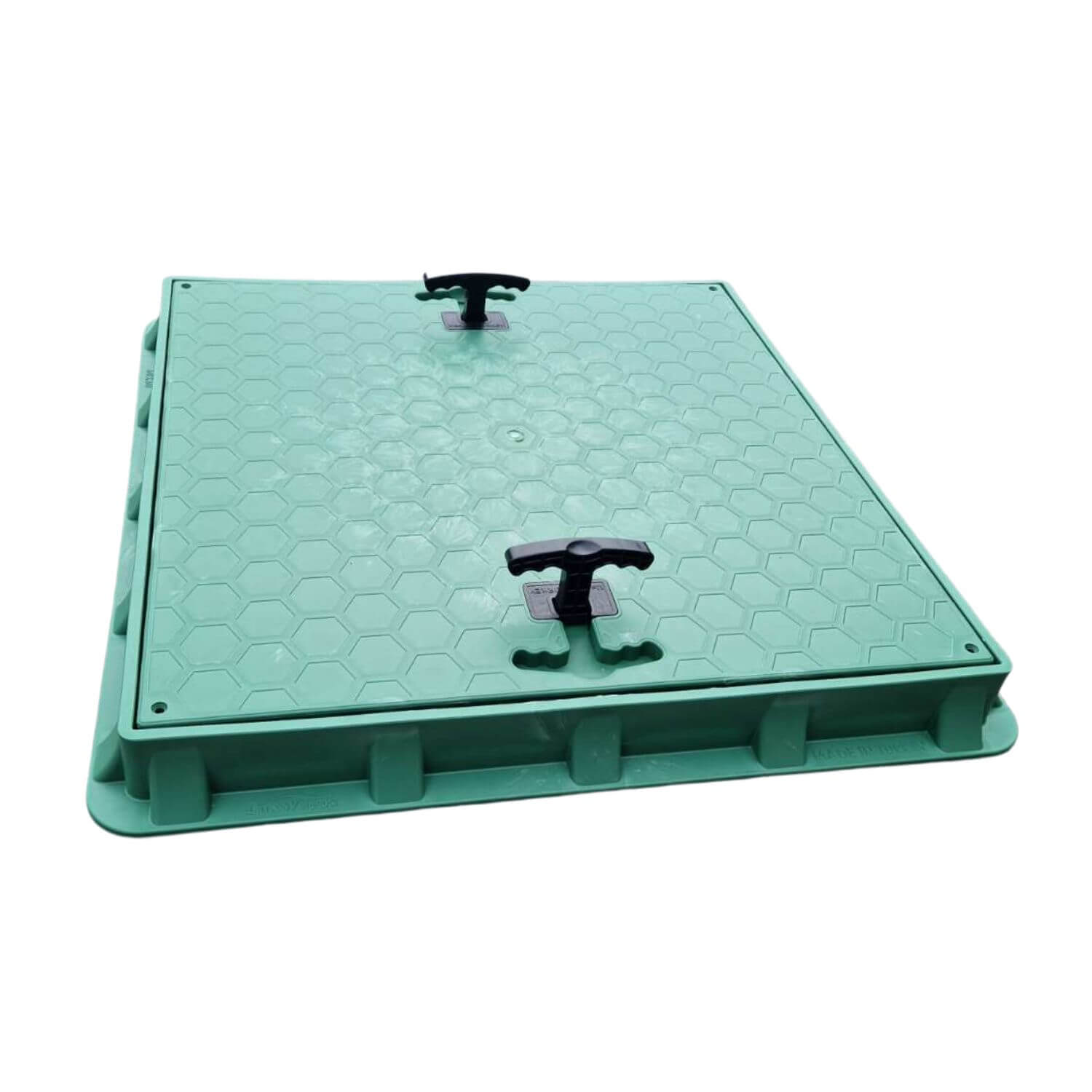 Capac canalizare pătrat din PP cu mâner verde 600x600