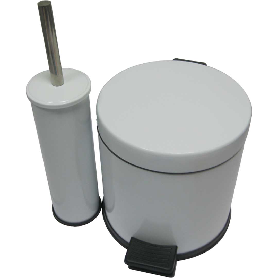 Set: coș de gunoi din INOX cu pedală (5L) + perie WC cu suport INOX – ALB