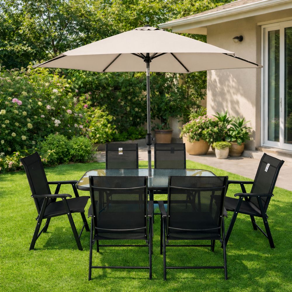 Set masă dreptunghiulară cu 6 scaune pliabile + umbrelă, metal / textilen, Negru