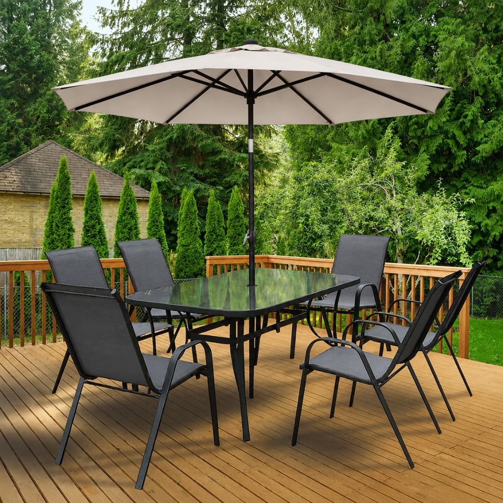 Set masă dreptunghiulară cu 6 scaune + umbrelă bej, metal / textilen