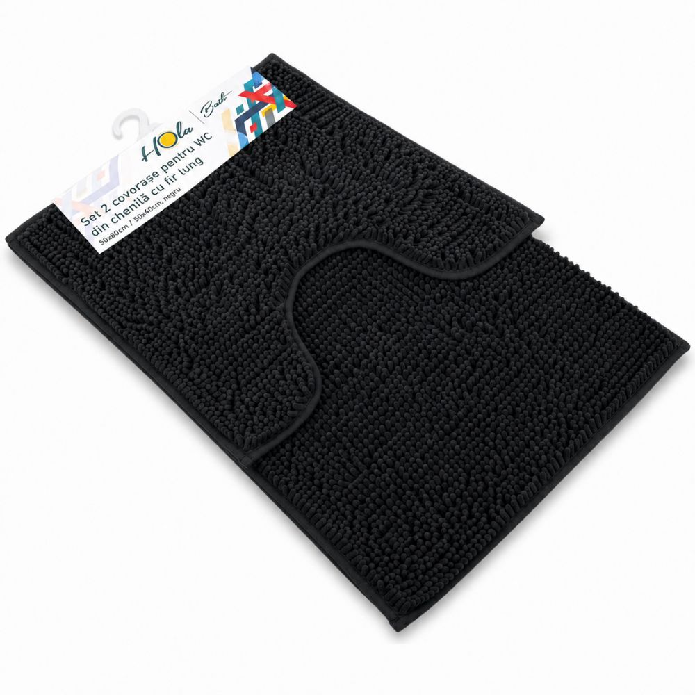 Set 2 Covorașe pentru WC din chenilă cu fir lung, 50x80 / 50x40, negru